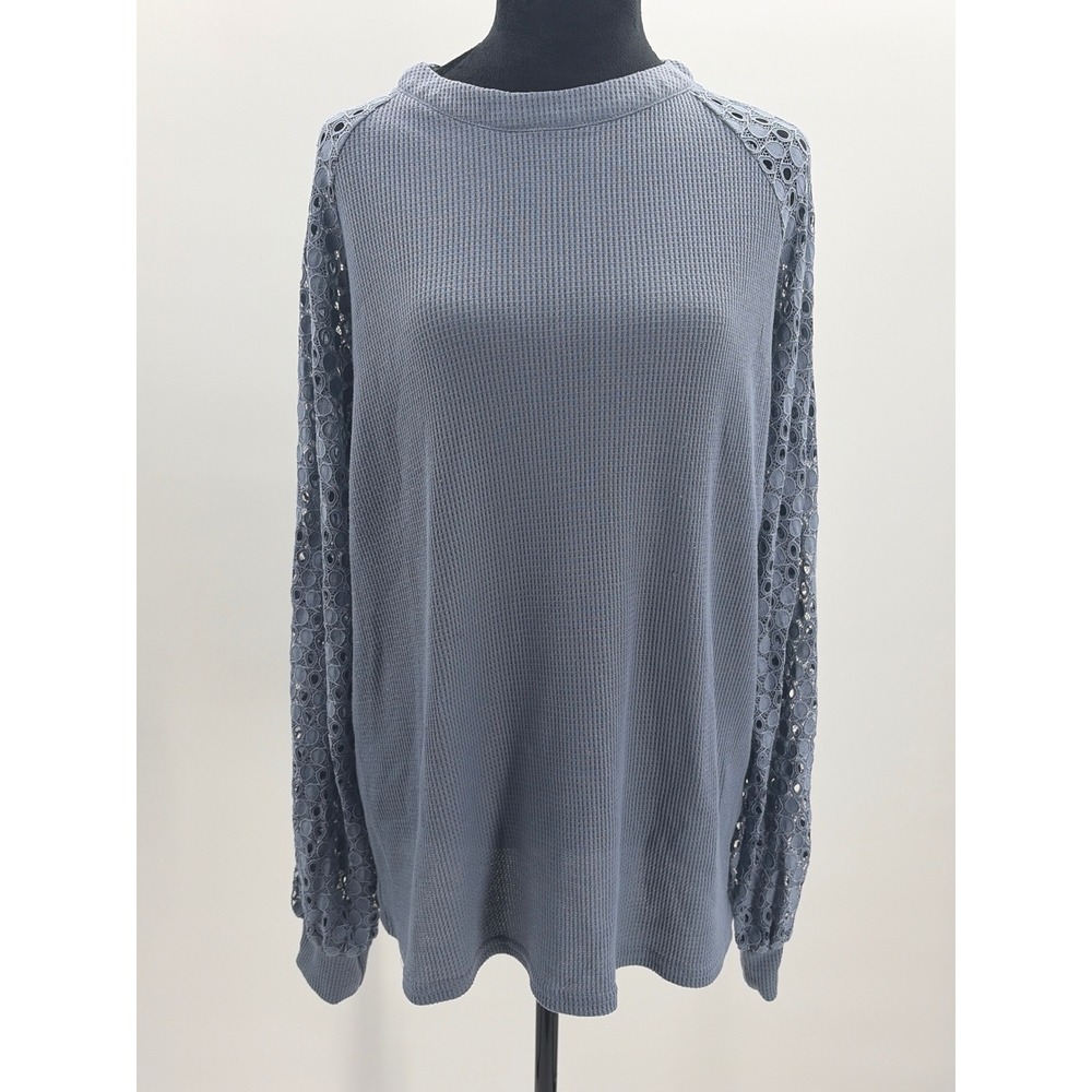 MIHOLL  XL Dusty Blue Waffle Knit Top Lace Long Sleeve‎ Crew Neck Zipper Back